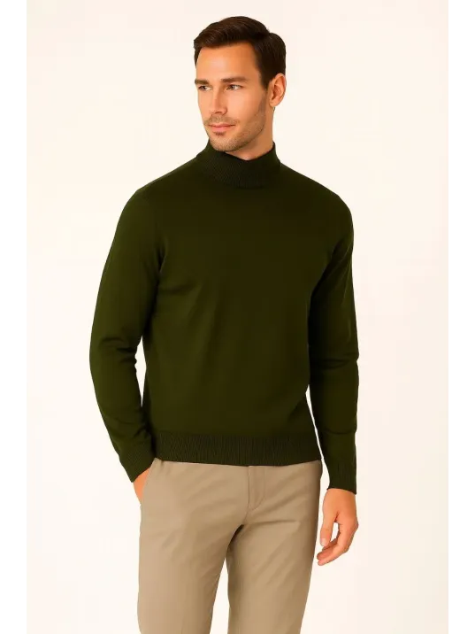 Erkek Yarım Boğaz Triko Kazak yumuşak dokulu Pamuklu ince Dokuma, uzun kollu Rahat Regular kalıp - Haki