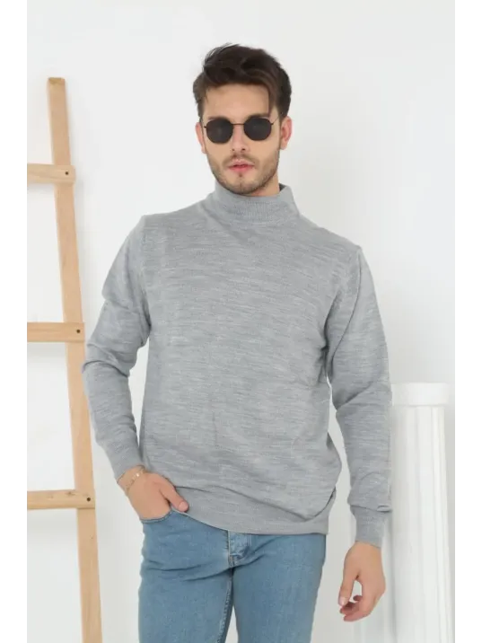 Erkek Yarım Boğaz Triko Kazak Yumuşak Dokulu Pamuklu İnce Dokuma, Uzun Kollu Rahat Regular Kalıp - Gri