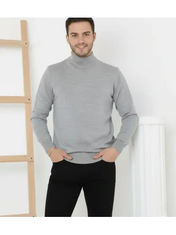 Erkek Yarım Boğaz Triko Kazak Yumuşak Dokulu Pamuklu İnce Dokuma, Uzun Kollu Rahat Regular Kalıp - Gri