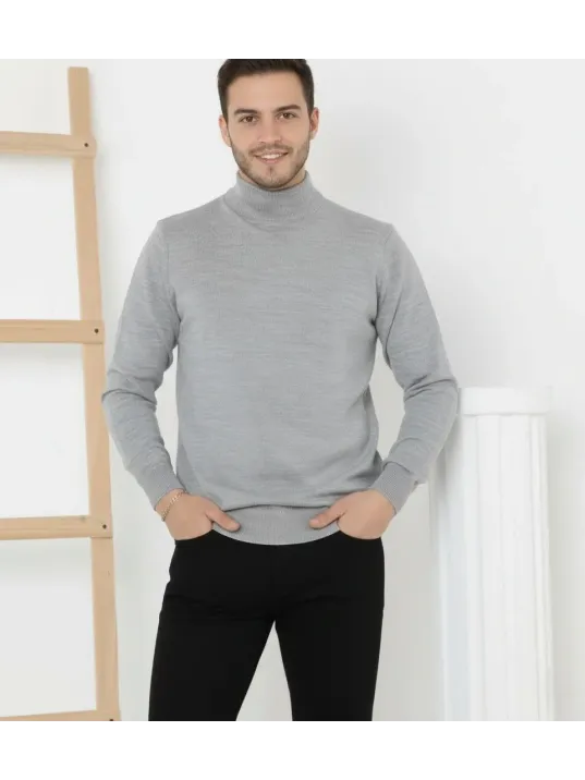 Erkek Yarım Boğaz Triko Kazak Yumuşak Dokulu Pamuklu İnce Dokuma, Uzun Kollu Rahat Regular Kalıp - Gri