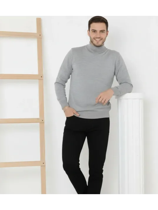 Erkek Yarım Boğaz Triko Kazak Yumuşak Dokulu Pamuklu İnce Dokuma, Uzun Kollu Rahat Regular Kalıp - Gri