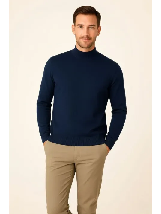 Erkek Yarım Boğaz Triko Kazak Yumuşak Dokulu Pamuklu İnce Dokuma, Uzun Kollu Rahat Regular Kalıp - Lacivert