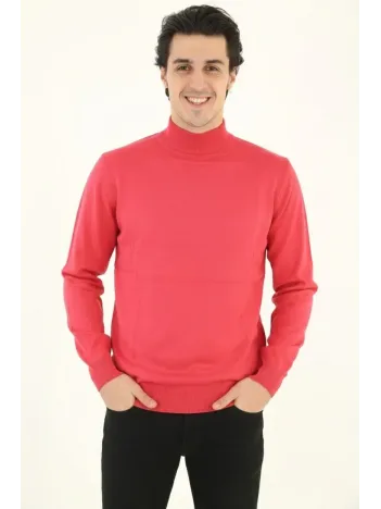 Erkek Yarım Boğaz Triko Kazak Yumuşak Dokulu Pamuklu İnce Dokuma, Uzun Kollu Rahat Regular Kalıp - Pembe