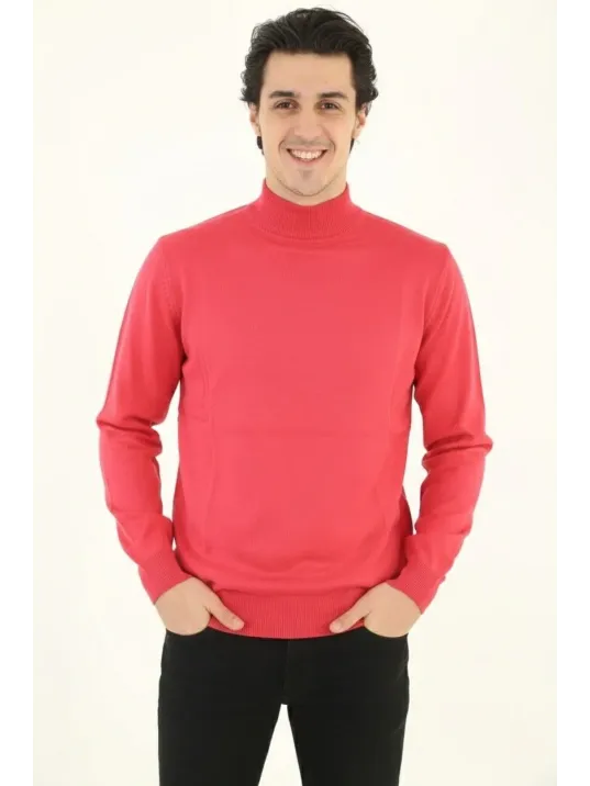 Erkek Yarım Boğaz Triko Kazak Yumuşak Dokulu Pamuklu İnce Dokuma, Uzun Kollu Rahat Regular Kalıp - Pembe