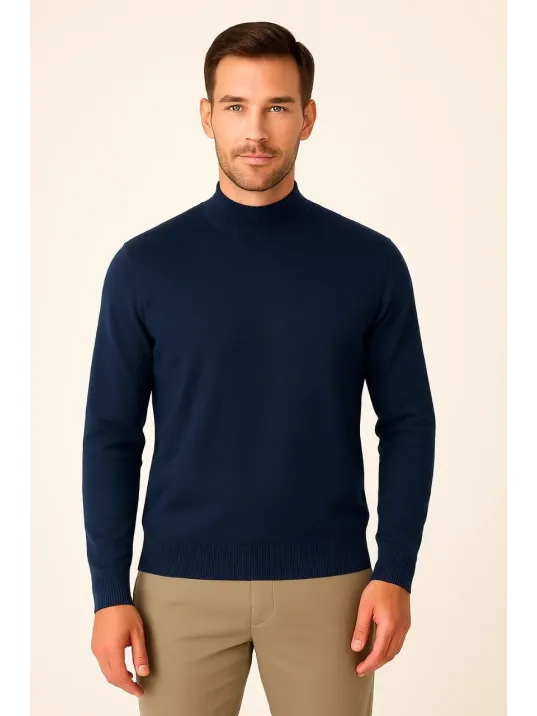 Erkek Yarım Boğaz Triko Kazak Yumuşak Dokulu Pamuklu İnce Dokuma, Uzun Kollu Rahat Regular Kalıp - Lacivert