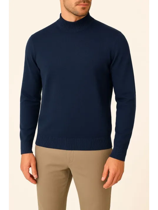 Erkek Yarım Boğaz Triko Kazak yumuşak dokulu Pamuklu ince Dokuma, uzun kollu Rahat Regular kalıp - Lacivert