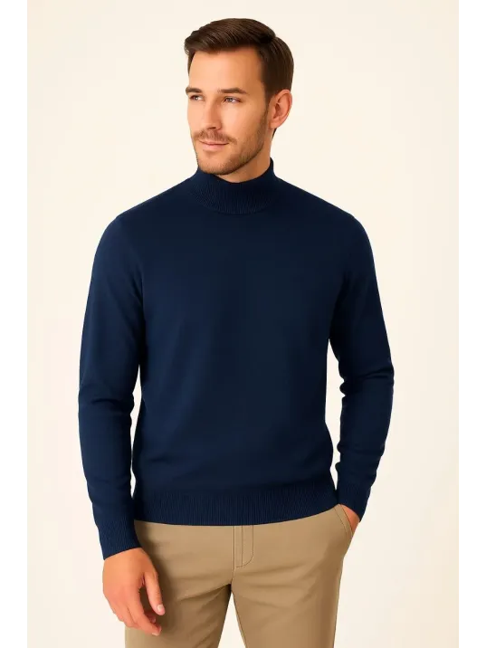 Erkek Yarım Boğaz Triko Kazak yumuşak dokulu Pamuklu ince Dokuma, uzun kollu Rahat Regular kalıp - Lacivert