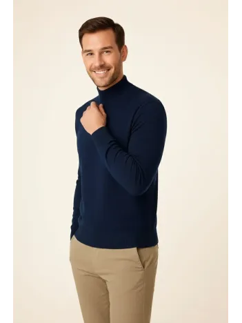 Erkek Yarım Boğaz Triko Kazak Yumuşak Dokulu Pamuklu İnce Dokuma, Uzun Kollu Rahat Regular Kalıp - Lacivert