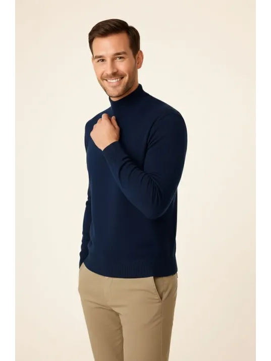 Erkek Yarım Boğaz Triko Kazak Yumuşak Dokulu Pamuklu İnce Dokuma, Uzun Kollu Rahat Regular Kalıp - Lacivert