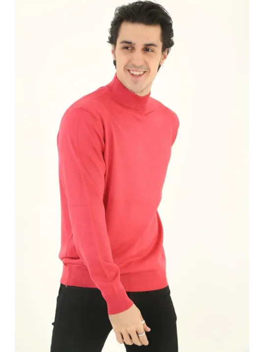 Erkek Yarım Boğaz Triko Kazak Yumuşak Dokulu Pamuklu İnce Dokuma, Uzun Kollu Rahat Regular Kalıp - Pembe
