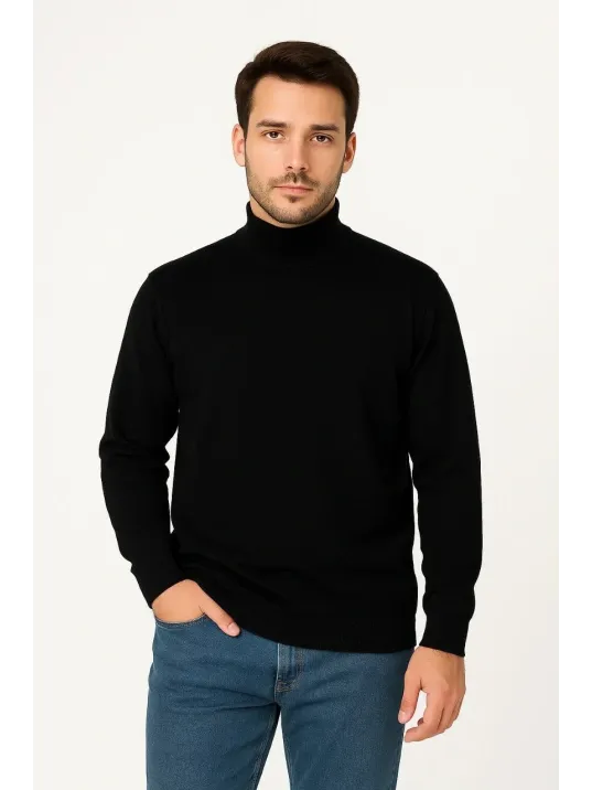 Erkek Yarım Boğaz Triko Kazak yumuşak dokulu Pamuklu ince Dokuma, uzun kollu Rahat Regular kalıp - Siyah