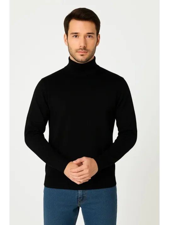 Erkek Yarım Boğaz Triko Kazak yumuşak dokulu Pamuklu ince Dokuma, uzun kollu Rahat Regular kalıp - Siyah