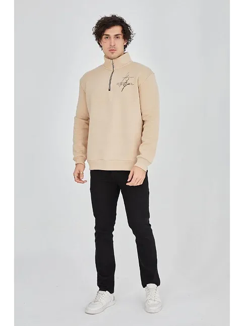 Erkek Yarım Fermuarlı Baskılı Sweat - Bej