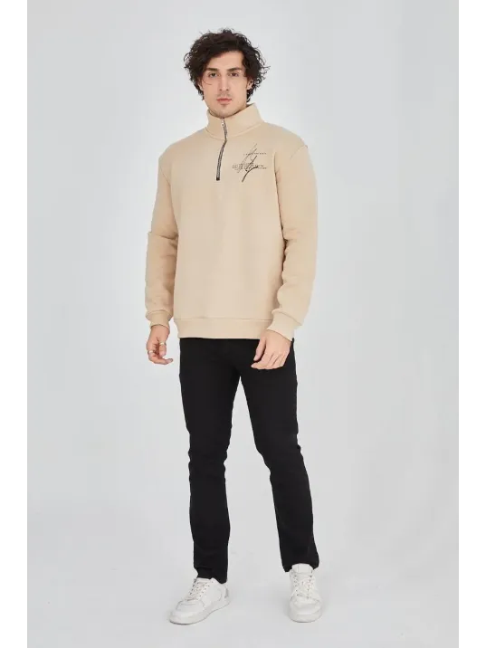 Erkek Yarım Fermuarlı Baskılı Sweat - Bej Erkek Yarım Fermuarlı Baskılı Sweat - Bej