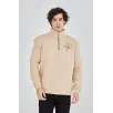 Erkek Yarım Fermuarlı Baskılı Sweat - Bej
