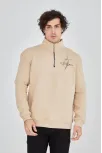 Erkek Yarım Fermuarlı Baskılı Sweat - Bej