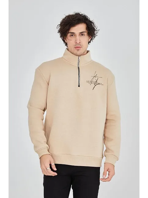 Erkek Yarım Fermuarlı Baskılı Sweat - Bej