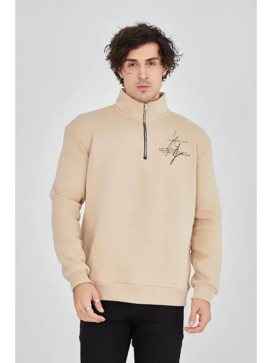 Erkek Yarım Fermuarlı Baskılı Sweat - Bej