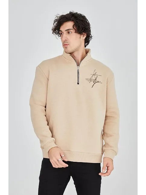 Erkek Yarım Fermuarlı Baskılı Sweat - Bej
