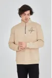 Erkek Yarım Fermuarlı Baskılı Sweat - Bej