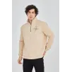 Erkek Yarım Fermuarlı Baskılı Sweat - Bej