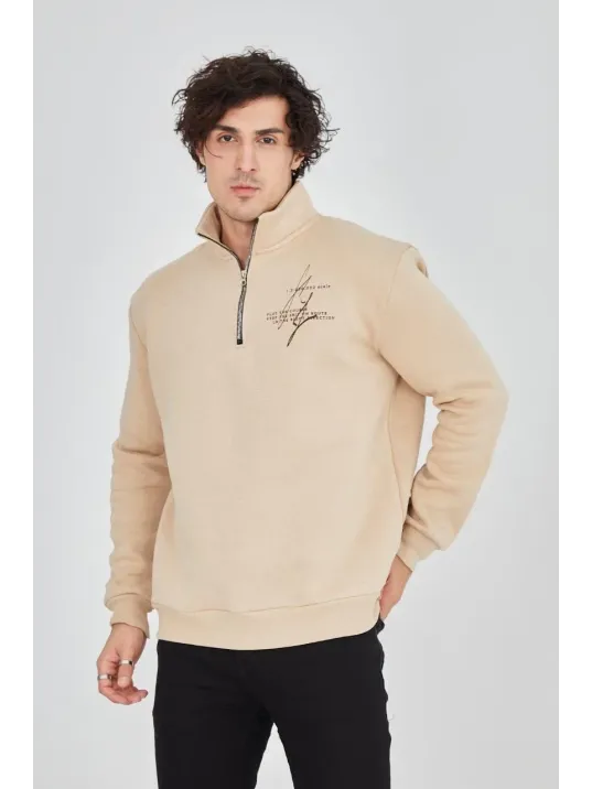 Erkek Yarım Fermuarlı Baskılı Sweat - Bej