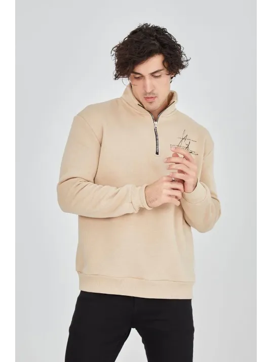 Erkek Yarım Fermuarlı Baskılı Sweat - Bej