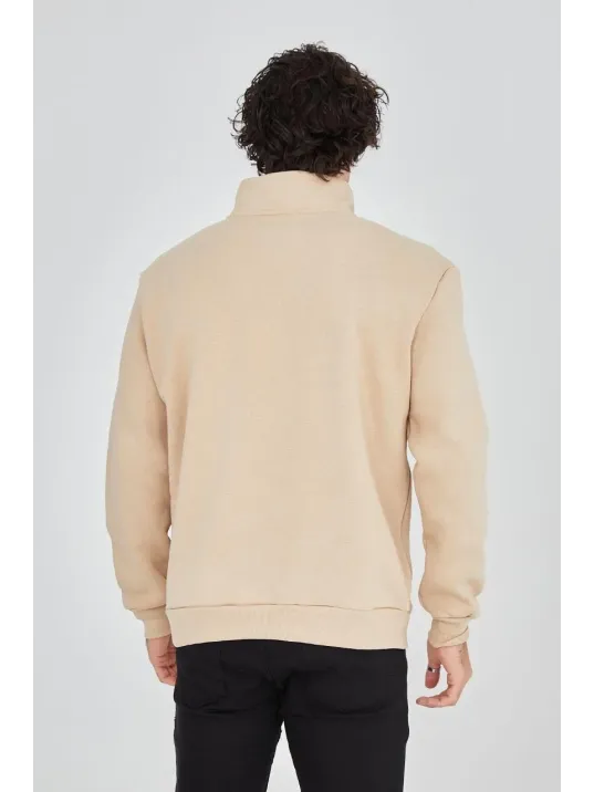 Erkek Yarım Fermuarlı Baskılı Sweat - Bej