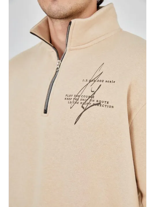 Erkek Yarım Fermuarlı Baskılı Sweat - Bej
