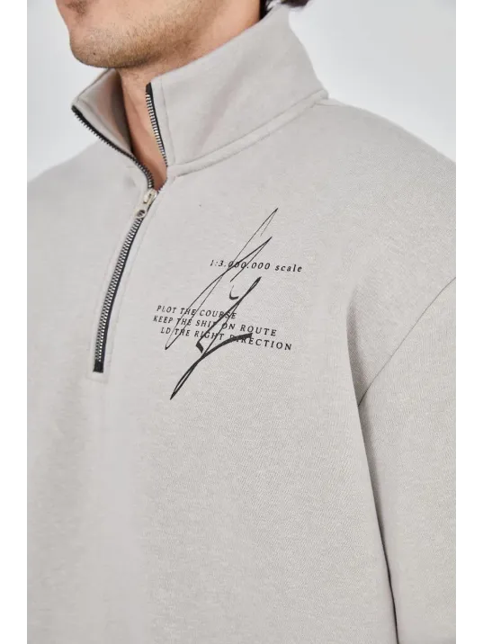 Erkek Yarım Fermuarlı Baskılı Sweat - Boyalı Gri Erkek Yarım Fermuarlı Baskılı Sweat - Boyalı Gri