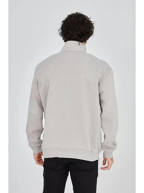Erkek Yarım Fermuarlı Baskılı Sweat - Boyalı Gri