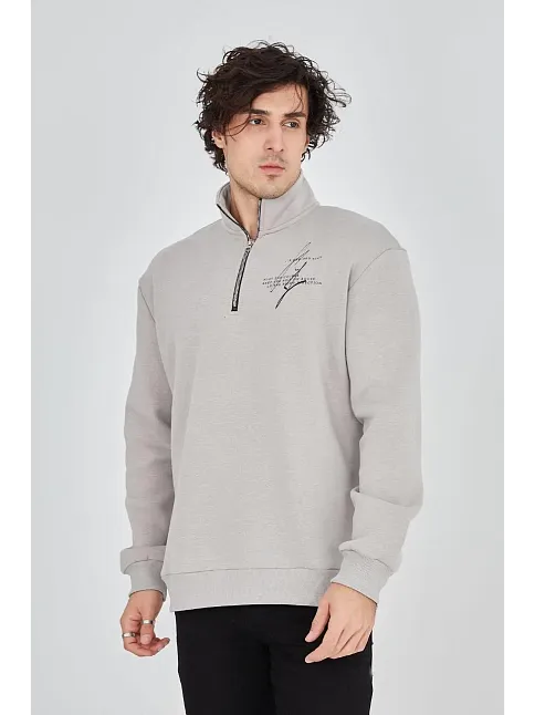 Erkek Yarım Fermuarlı Baskılı Sweat - Boyalı Gri