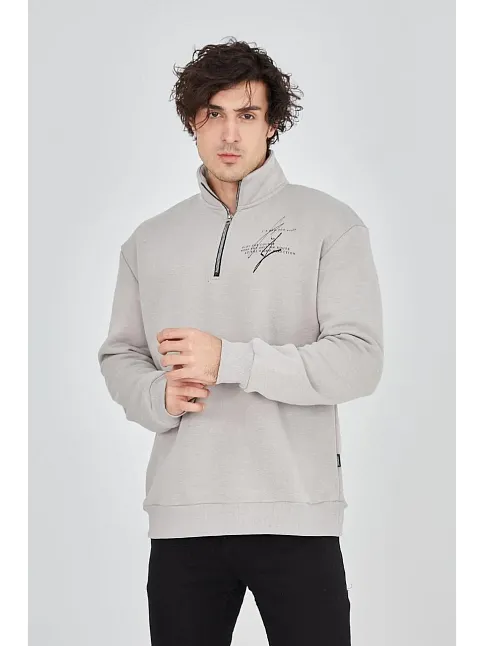 Erkek Yarım Fermuarlı Baskılı Sweat - Boyalı Gri