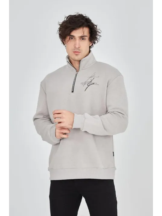 Erkek Yarım Fermuarlı Baskılı Sweat - Boyalı Gri