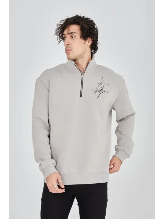 Erkek Yarım Fermuarlı Baskılı Sweat - Boyalı Gri