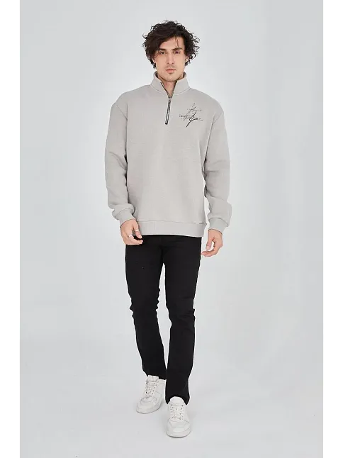 Erkek Yarım Fermuarlı Baskılı Sweat - Boyalı Gri