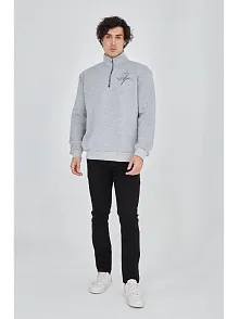 Erkek Yarım Fermuarlı Baskılı Sweat - Gri