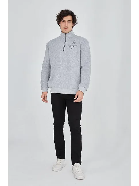 Erkek Yarım Fermuarlı Baskılı Sweat - Gri