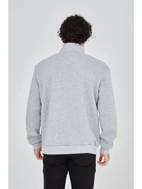Erkek Yarım Fermuarlı Baskılı Sweat - Gri