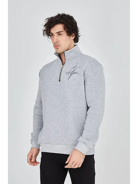 Erkek Yarım Fermuarlı Baskılı Sweat - Gri