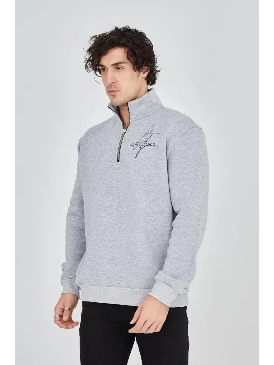 Erkek Yarım Fermuarlı Baskılı Sweat - Gri