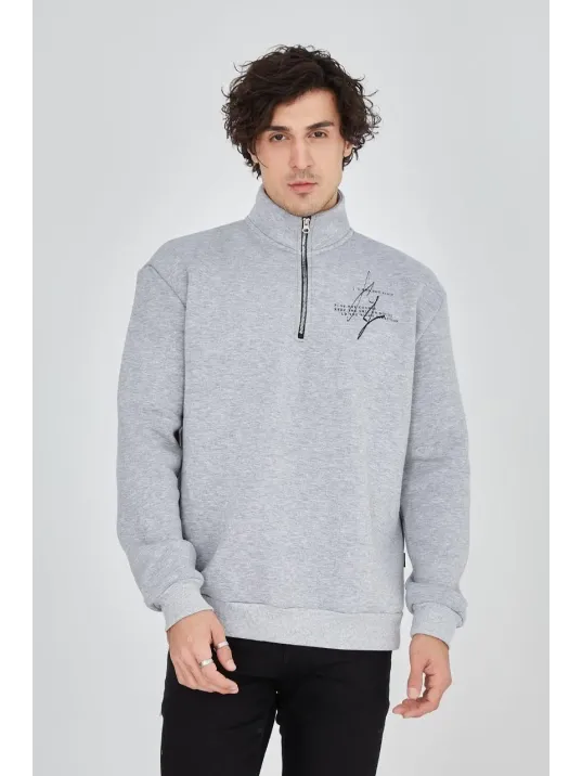 Erkek Yarım Fermuarlı Baskılı Sweat - Gri