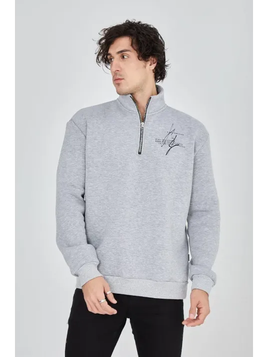 Erkek Yarım Fermuarlı Baskılı Sweat - Gri