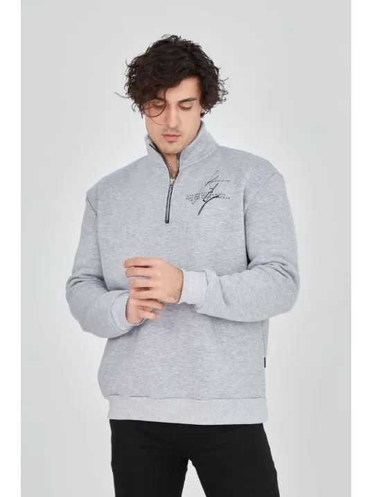 Erkek Yarım Fermuarlı Baskılı Sweat - Gri