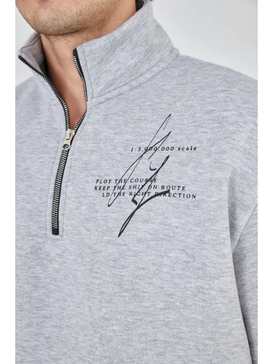 Erkek Yarım Fermuarlı Baskılı Sweat - Gri