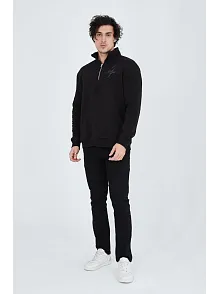 Erkek Yarım Fermuarlı Baskılı Sweat - Siyah