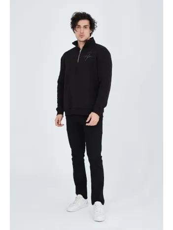 Erkek Yarım Fermuarlı Baskılı Sweat - Siyah