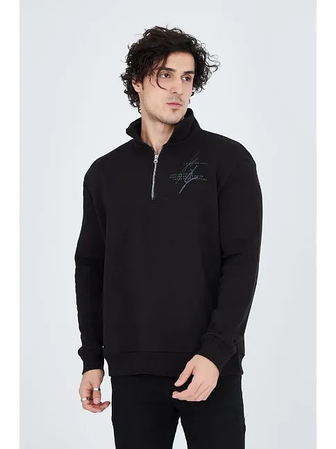Erkek Yarım Fermuarlı Baskılı Sweat - Siyah