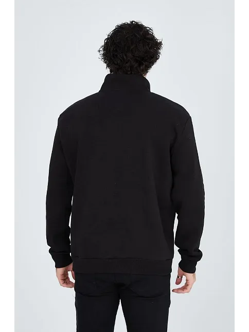 Erkek Yarım Fermuarlı Baskılı Sweat - Siyah