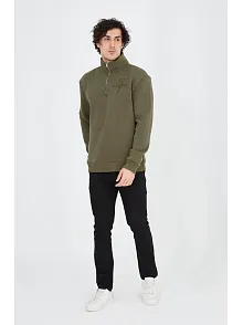 Erkek Yarım Fermuarlı Baskılı Sweat - Yeşil